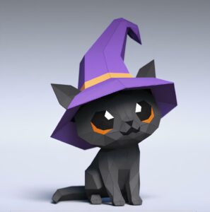 Cute Black Cat with Wizard Hat Low Poly Paper Craft