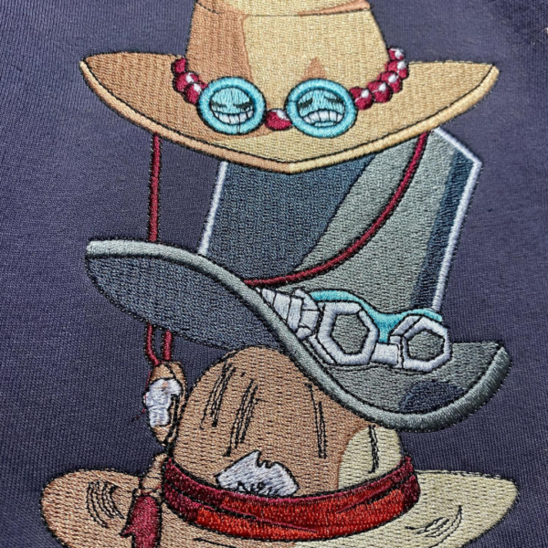 Ace Sabo and Luffy Hats Embroidery Design stitched by a customer