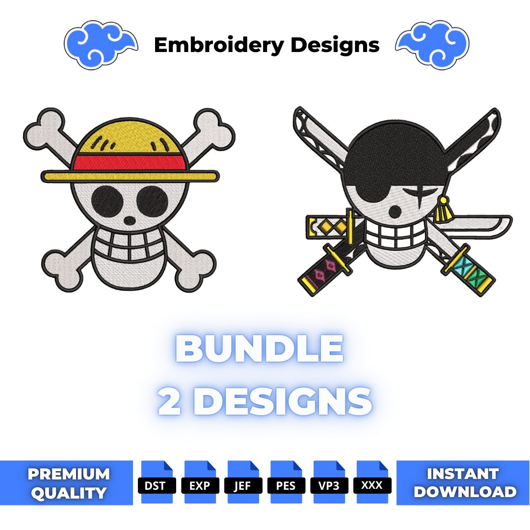 Bundle Luffy and Zoro logo One Piece embroidery design
