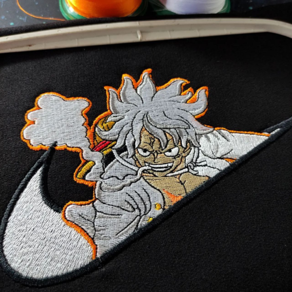 Luffy Gear 5 Smoke Swoosh Embroidery Design stitched by a customer