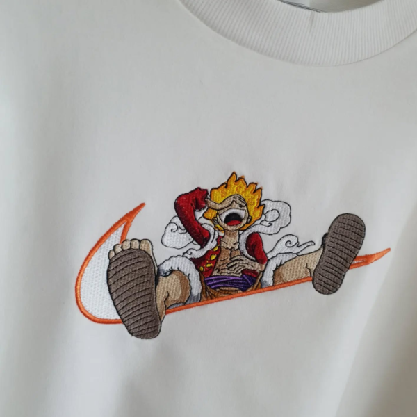 Red Luffy Gear 5 Swoosh Embroidery Design stitched by a customer
