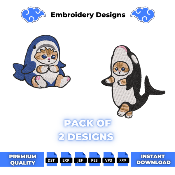 Cat Shark and Cat Whale Embroidery Design