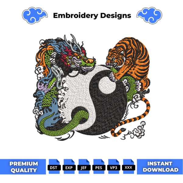 Dragon and Tiger Yin Yang Embroidery Design