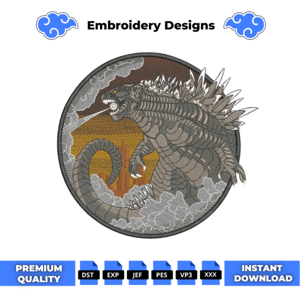 Godzilla Round Embroidery Design