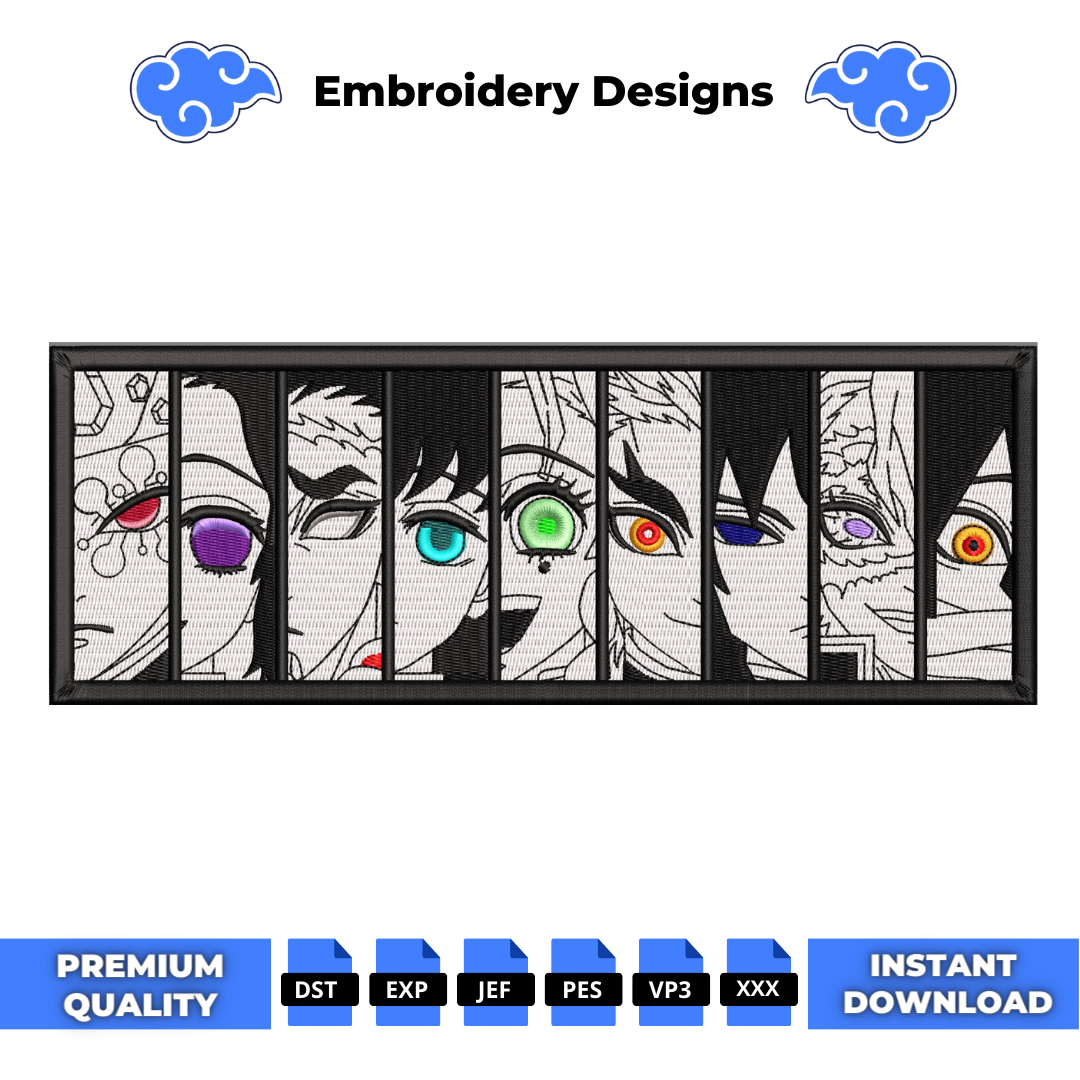 Hashira embroidery design - nine pillars in black and white with coloured eyes