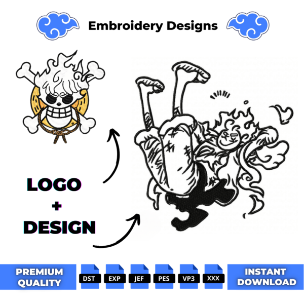 Luffy Gear 5 Laugh and Logo Embroidery Design