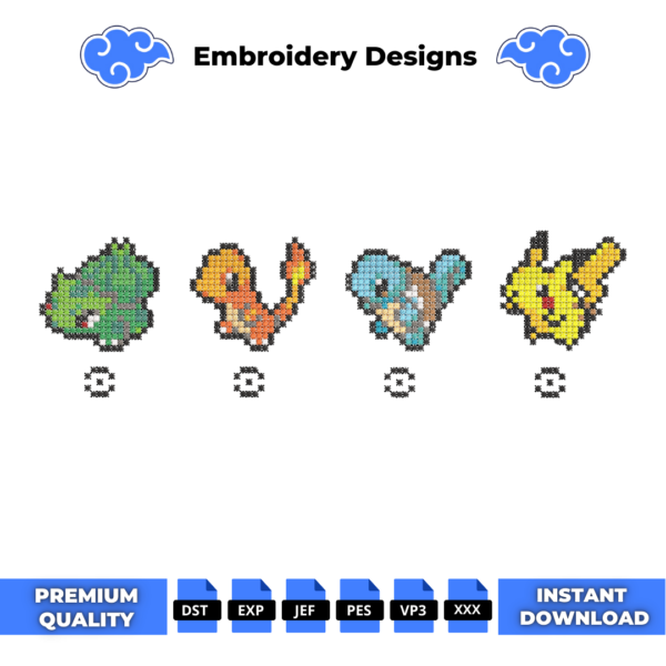 Pokemon Starter Pixel Embroidery Design
