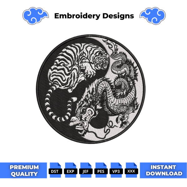 Tiger and Dragon Yin Yang BW Embroidery Design