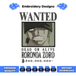 Wanted Zoro Embroidery Design