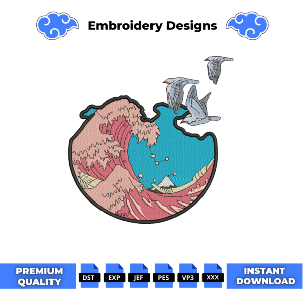 Waves Birds Embroidery Design