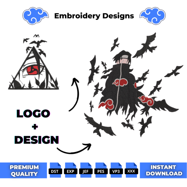 Itachi Uchiha Crow and Logo Embroidery Design