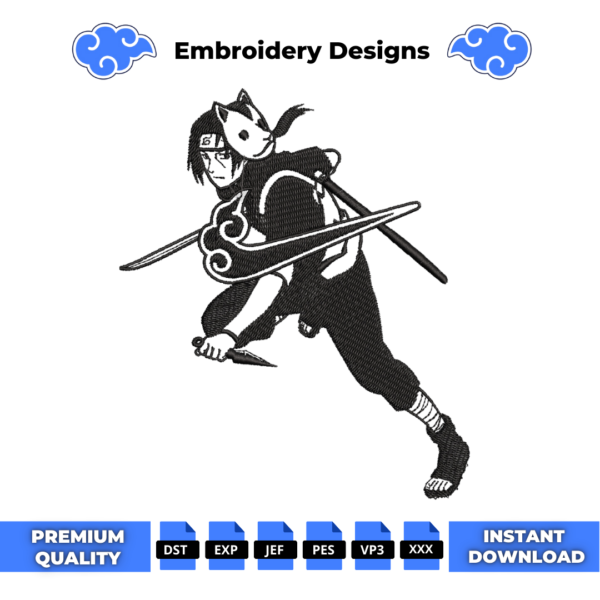 Itachi with Mask BW Embroidery Design