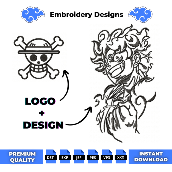 Luffy Gear 5 and Logo One Piece Embroidery Design