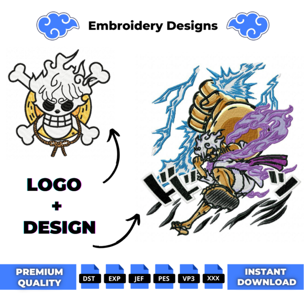 Luffy Gear 5 Attack and Logo Embroidery Design
