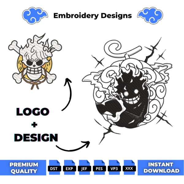 Luffy Gear 5 Gomu and Logo Embroidery Design