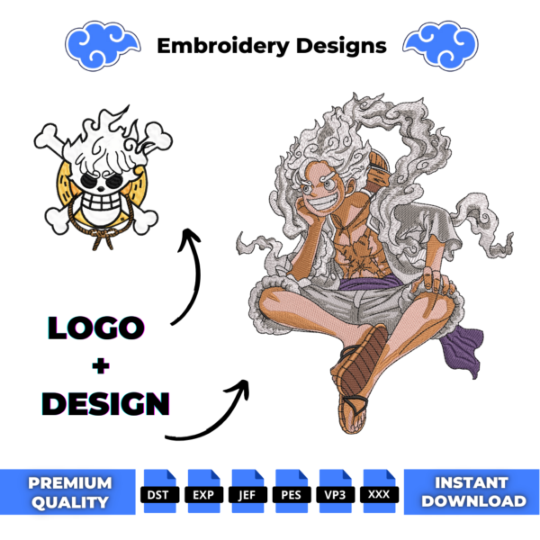 Luffy Gear 5 One Piece and Logo Embroidery Design