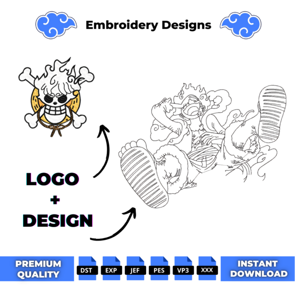 Luffy Gear 5 Outline and Logo Embroidery Design