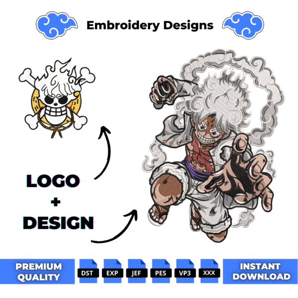 One Piece Luffy Gear 5 and Logo Embroidery Design