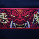 Demon Mask Embroidery Design stitched by a customer