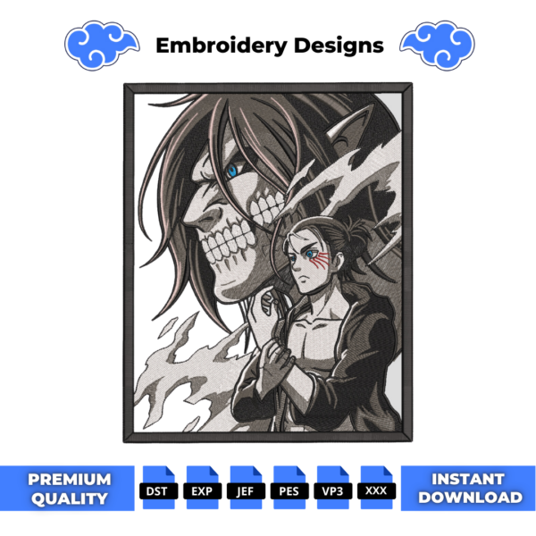 Eren and Titan BW Embroidery Design