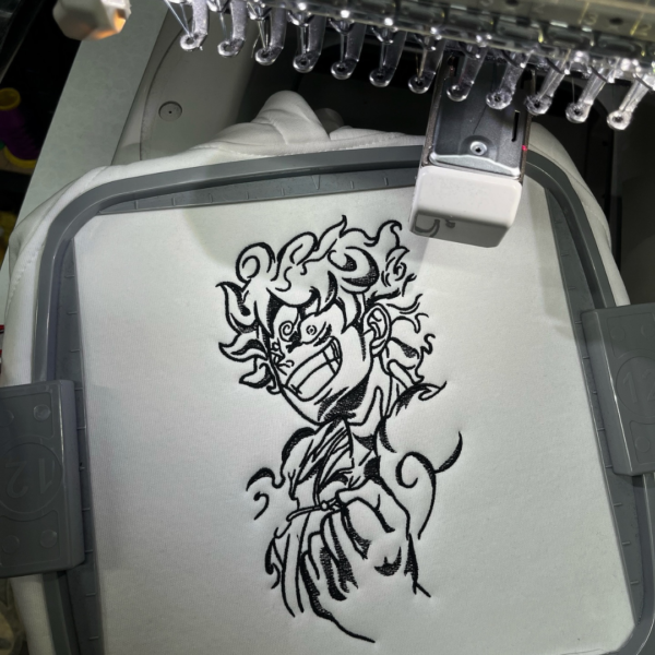Luffy Gear 5 and Logo Embroidery Design stitched by a customer