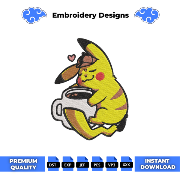 Pikachu Coffee Embroidery Design