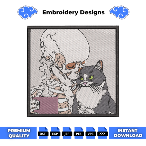 Skeleton with Cat Embroidery Design