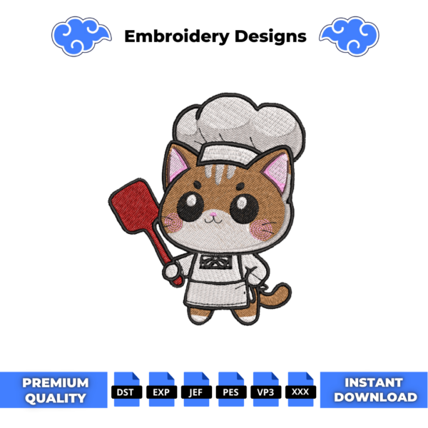 Chibi Cat Chef Embroidery Design