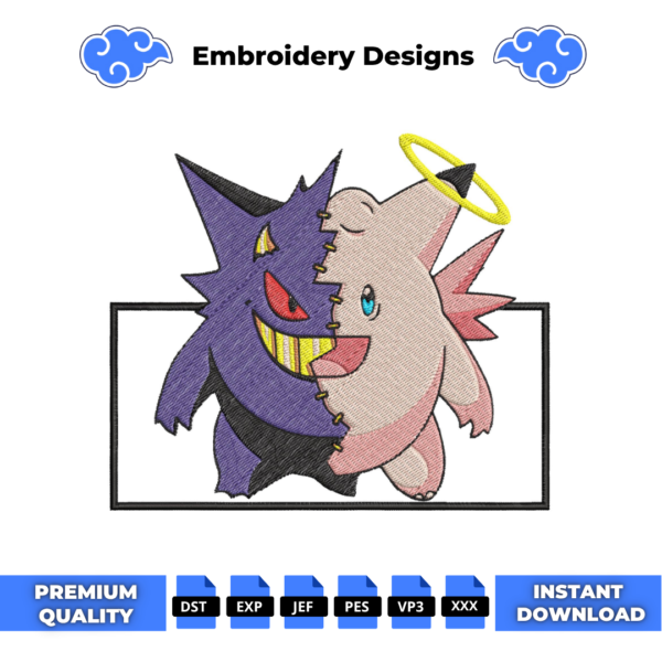 Gengar and Clefable Embroidery Design
