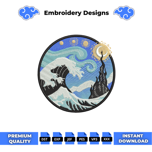 The Great Wave Circle Embroidery Design