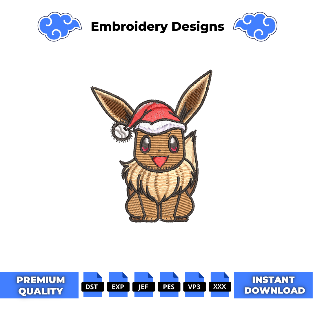 Christmas Eevee Pokemon embroidery design with a Santa hat