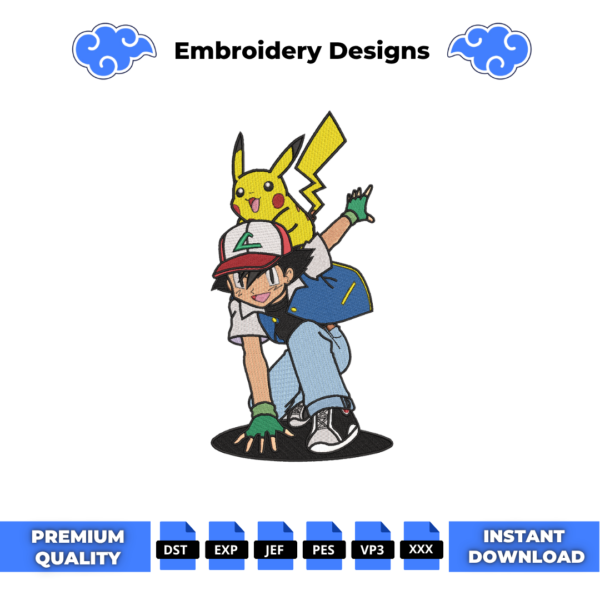 Ash and Pikachu Embroidery Design