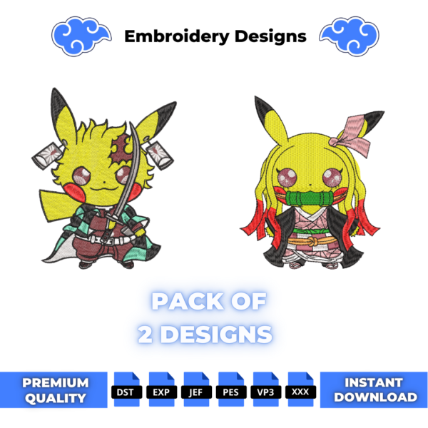 Bundle Pikachu Tanjiro and Nezuko Embroidery Designs