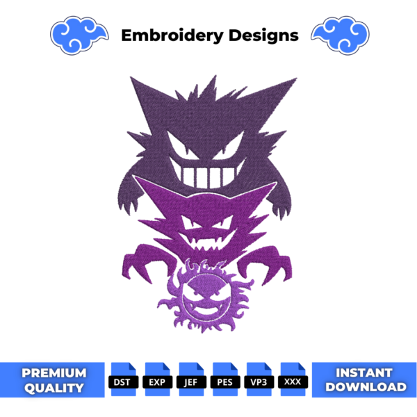Gastly Haunter and Gengar Embroidery Design