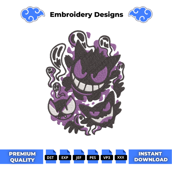 Gengar Ghost Evolution Embroidery Design