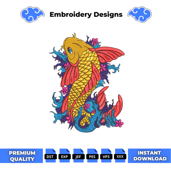 Golden Carp Fish Embroidery Design