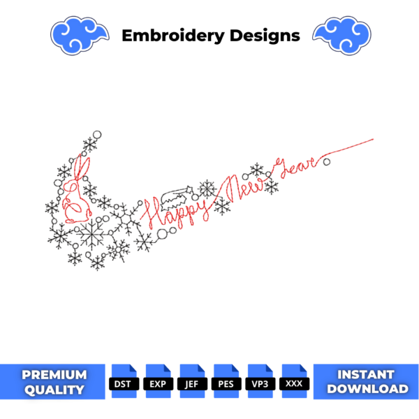 Happy New Year Swoosh Embroidery Design