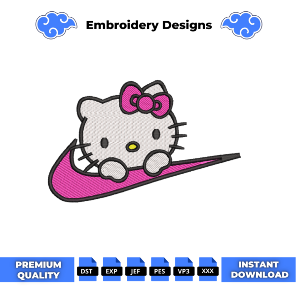 Hello Kitty on Swoosh Embroidery Design