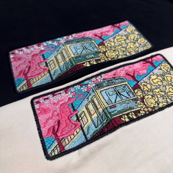 Japanese Train Embroidery Design stitched by a customer