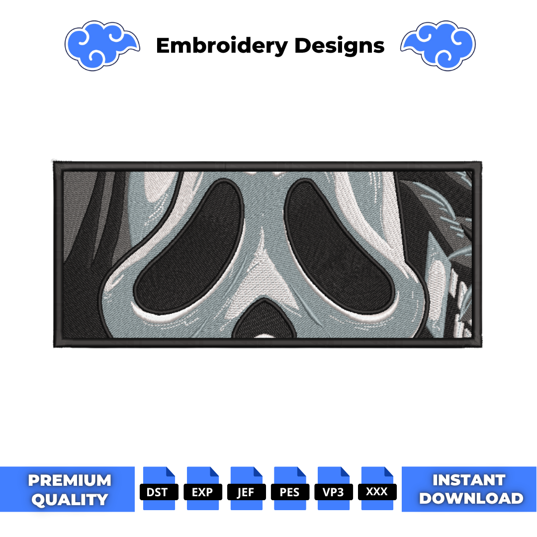 Scream Ghostface eyes Halloween embroidery design in a rectangular frame