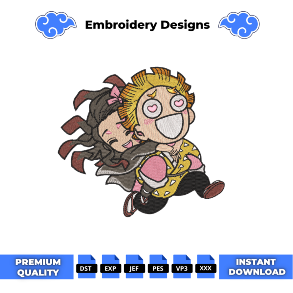 Zenitsu and Nezuko Chibi Love Embroidery Design