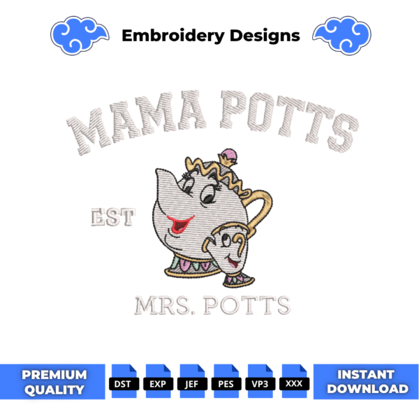 College Mrs Potts Embroidery Design