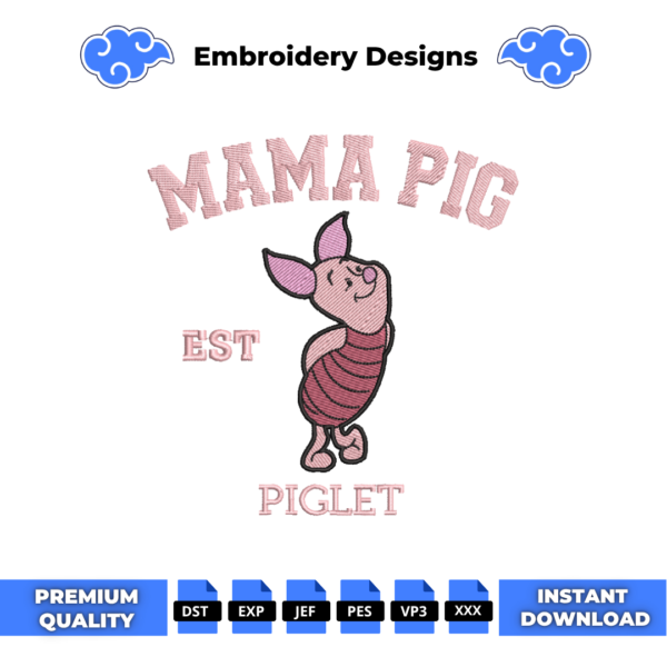 College Piglet Embroidery Design