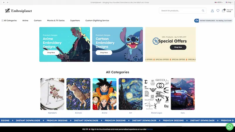 Embroiplanet anime embroidery store preview