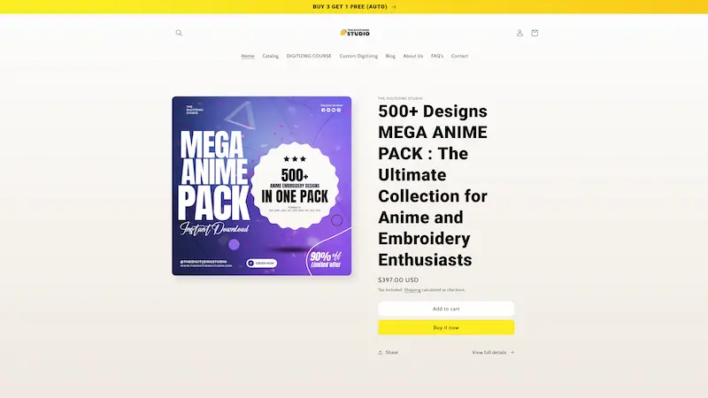 The Digitizing Studio anime embroidery store preview