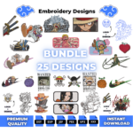 Bundle of 25 One Piece machine embroidery designs — Luffy, Zoro, Doflamingo, Chopper and devil fruits