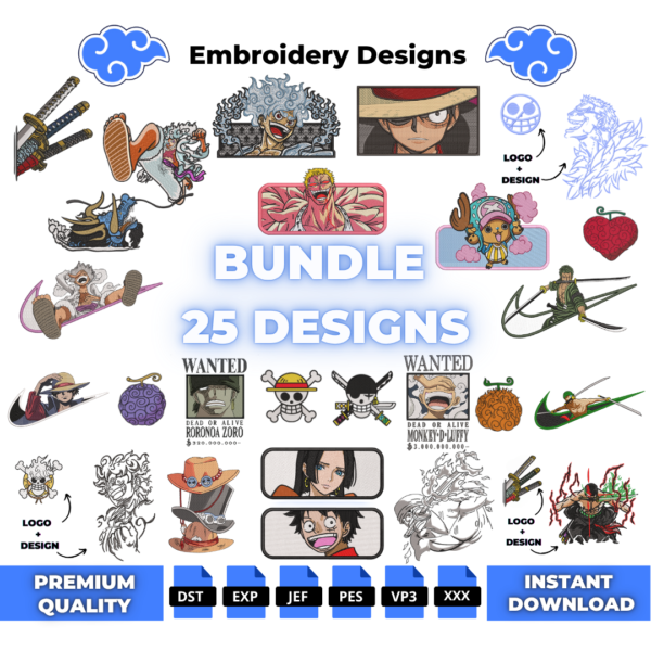 Bundle of 25 One Piece machine embroidery designs — Luffy, Zoro, Doflamingo, Chopper and devil fruits