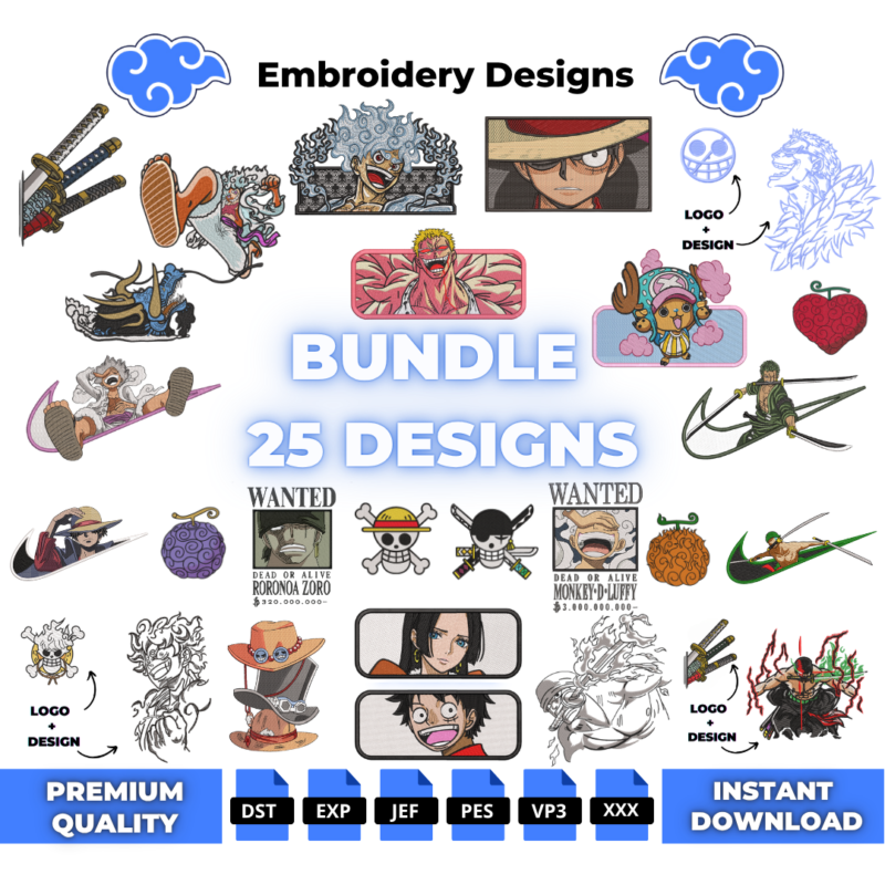 Bundle of 25 One Piece machine embroidery designs — Luffy, Zoro, Doflamingo, Chopper and devil fruits